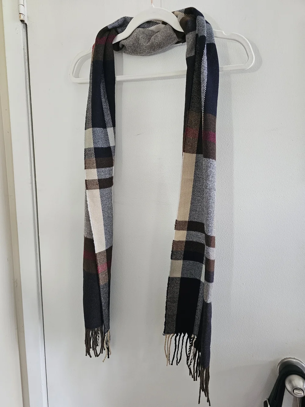 Plaid Wool-Blend Fringe Scarf in Navy, Cream & Brown